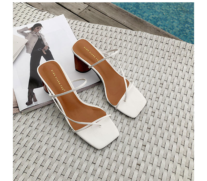 Square toe  thin strap chunky heel sandals