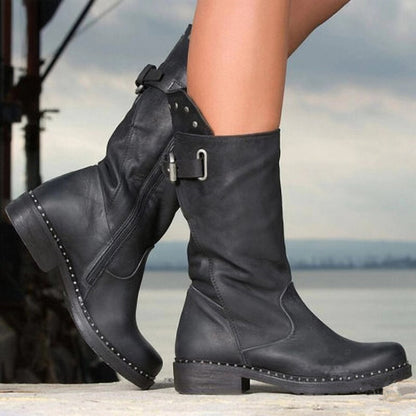 Thick-soled leather ankle boots high-top motorcycle boots