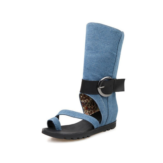 Sandales décontractées à talons plats de style agence de commerce extérieur, tongs tendance en denim, sandales creuses pour femmes