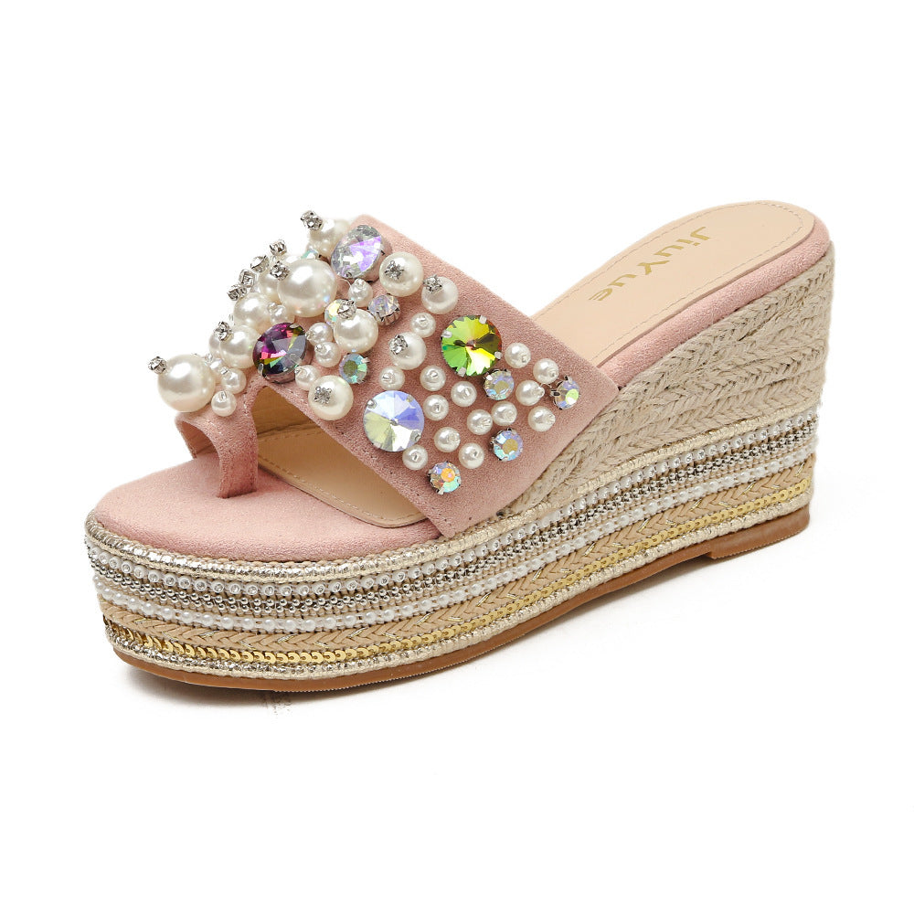 Summer new slope with pearl sandals and slippers