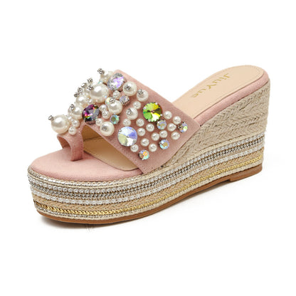 Summer new slope with pearl sandals and slippers