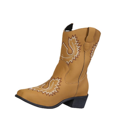 Bottes western brodées Bottes de cowboy à talons mi-hauts et épais Chaussures pour femmes