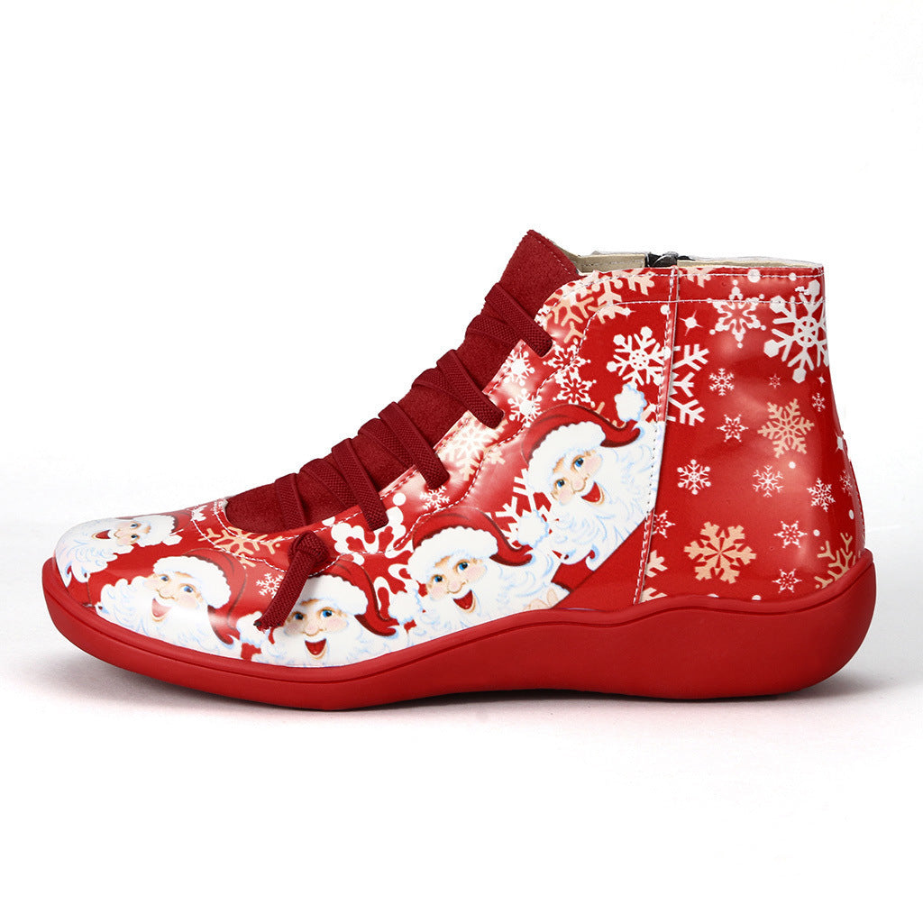 Christmas Ankle Boots Women Santa Claus Snowflake Print Flats Shoes Casual Slip-on Side Zipper Design Short Boot