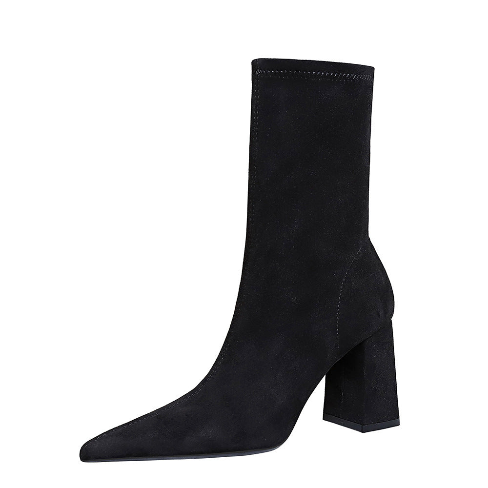 Bottes courtes skinny sexy à bout pointu en daim pour boîte de nuit