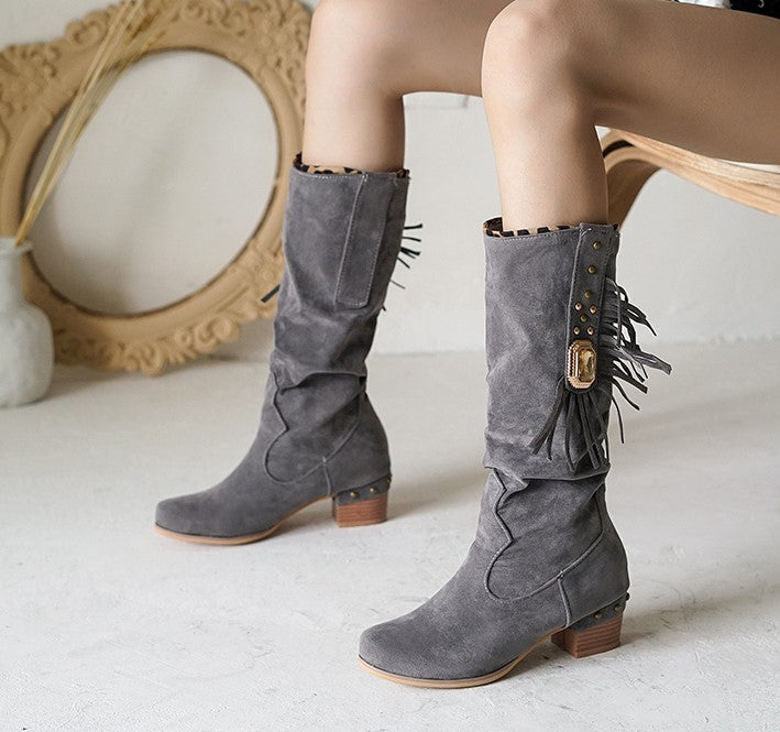 Fringed mid-tube women's boots