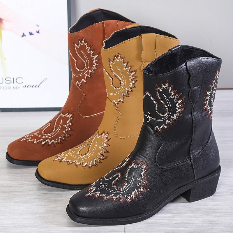 Bottes western brodées Bottes de cowboy à talons mi-hauts et épais Chaussures pour femmes