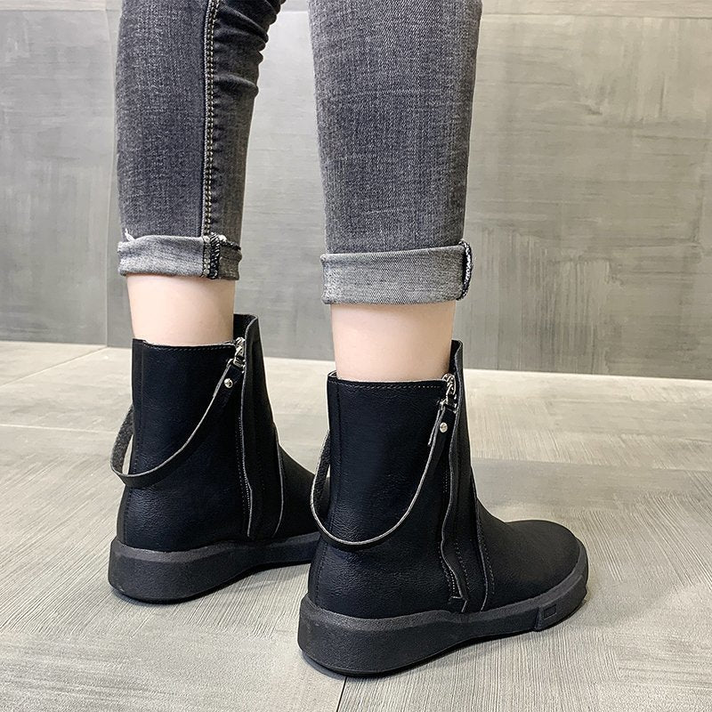 All-match  Solid Color Double Zipper Short Boots Women