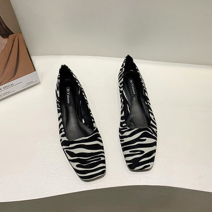 Korean Style Square Toe Zebra Pattern Thick Heel Flat Shoes Versatile Shallow Mouth