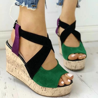 Sandalias de verano con plataforma y tiras cruzadas y tacón de cuña para mujer