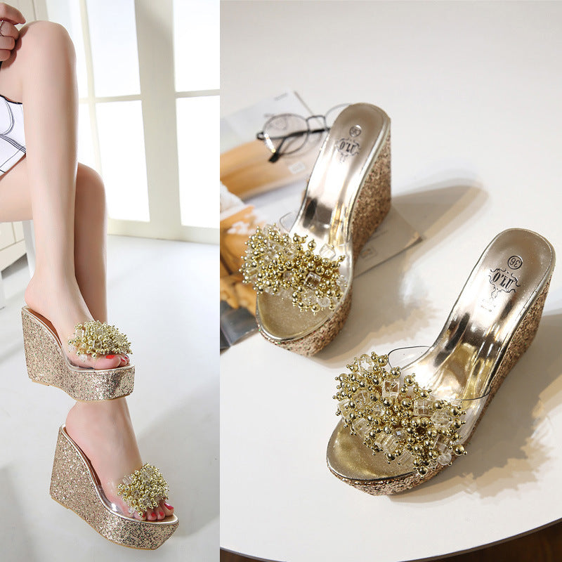 Transparent Rhinestone Slope With High-heeled Sponge Cake Sandals And Slippers