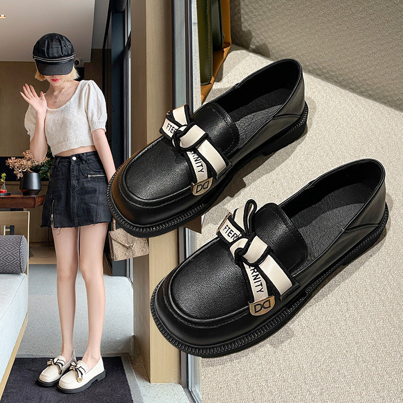 Round Toe Flat Leather Korean Casual Women's Shoes