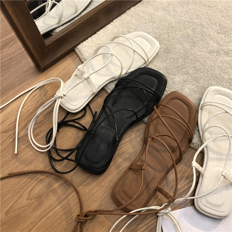 Sandalias planas con cordones y punta retro de verano para mujer