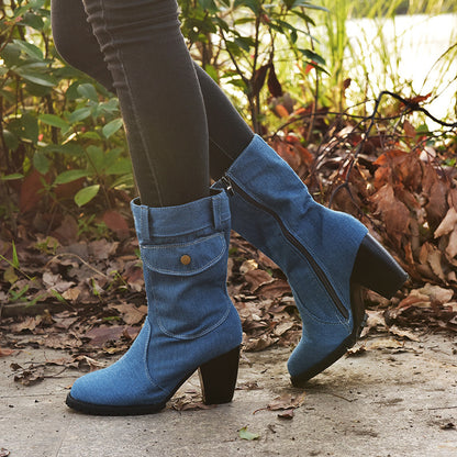 Plus Size High Heel Denim Mid Tube Women Boots