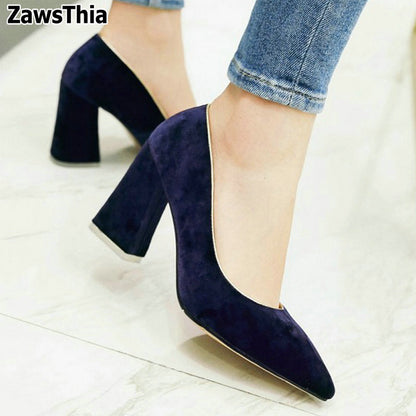 Suede pointed toe chunky heels