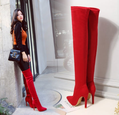 Suede and velvet high heel long boots