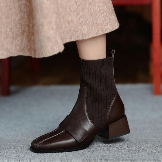 Large Brown Square Toe Mid-heel Soft Leather Shoes