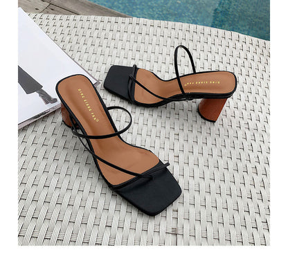 Square toe  thin strap chunky heel sandals