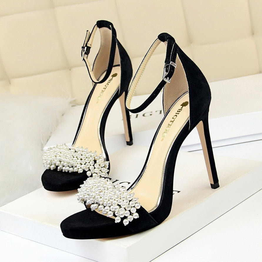 High heel platform suede pearl rhinestone strap sandals