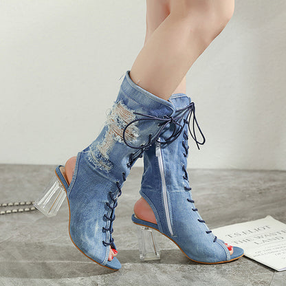 Thick-heeled Denim Mid-tube Boots High-heeled Fish Mouth Strap High-heeled Sandals