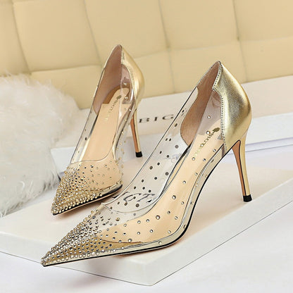 Shallow mouth Pointed Transparent Hollow Rhinestone Single Shoes