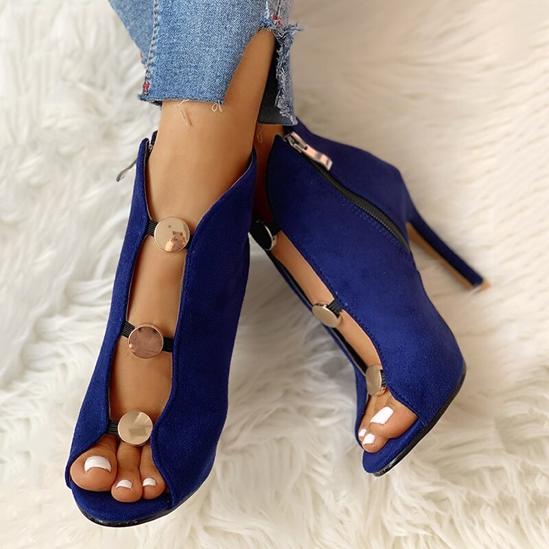 Fish Mouth Metal Buckle Side Zipper High Stiletto Heel Sandals