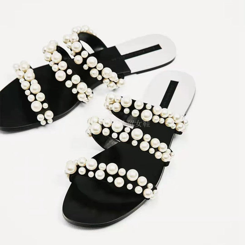 New Women's Shoes Casual Fashion Flat-heeled Flat Open-toe Sandals And Slippers With Pearl Decoration