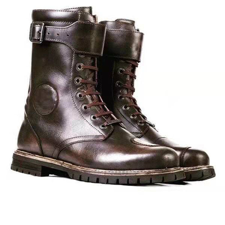 Bottes de moto basses à bout rond et fermeture éclair latérale pour homme, talon carré, coutures de voiture