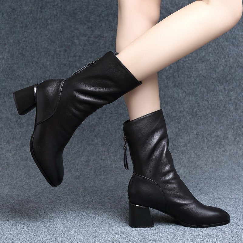 Women's Mid-heel Retro Back Zipper Mid-boots