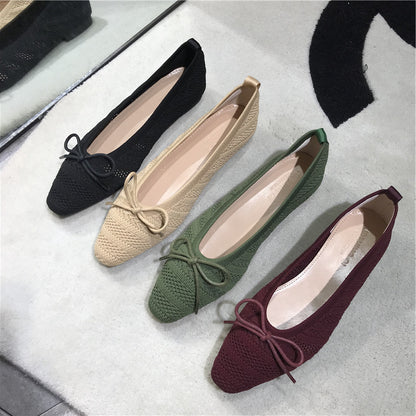 Retro Small Square Toe Bow Hollow Knit Flat Shoes