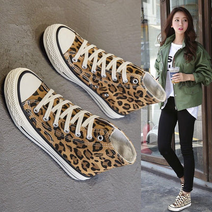 Zapatos de lona con estampado de leopardo de caña alta, estilo retro, informales, de tela