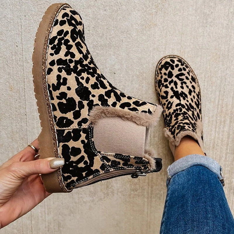 Leopard Shoes Warm Plush Ankle Boots For Women