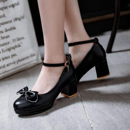 Block heel leather round toe buckle high heels