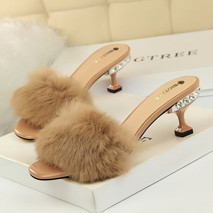 Rabbit fur flip flops and lazy sandals