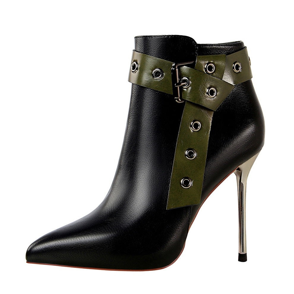 Pointed stud buckle ankle boots