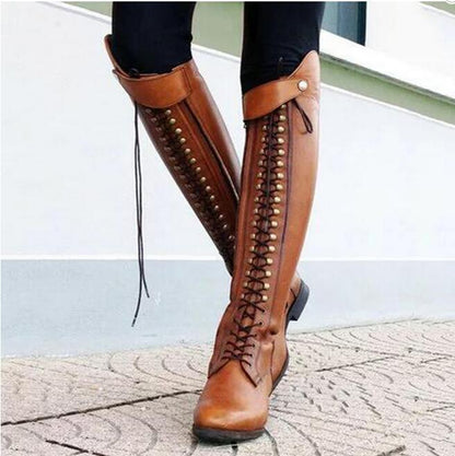 Rivet lacing boot for lady with thick heel