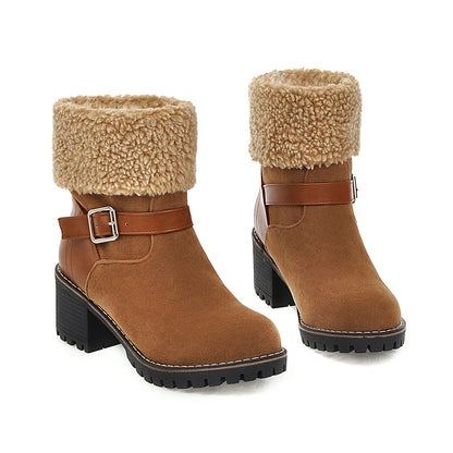 Women's Short Boots With Round Toe Thick Heel Belt Buckle