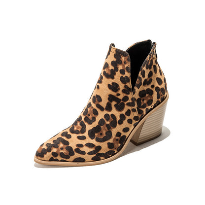 Leopard print short boots women's high heel thick heel pointed