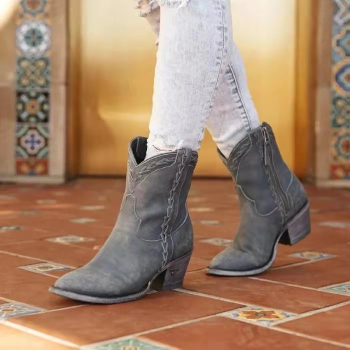 Chaussures pour femmes à bout pointu et talon épais style rétro