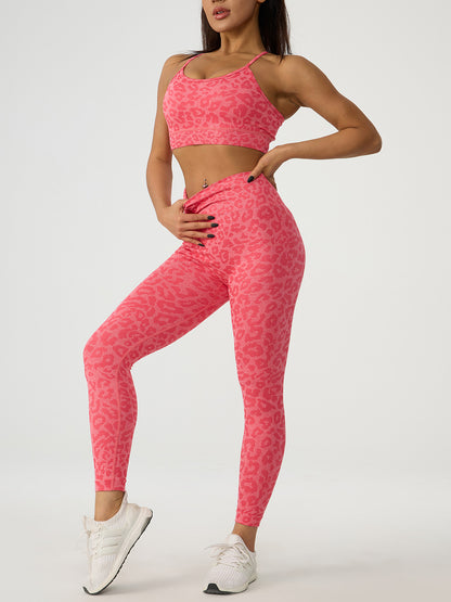 Conjunto deportivo de top y leggings con estampado de leopardo entrecruzado