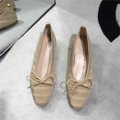 Retro Small Square Toe Bow Hollow Knit Flat Shoes