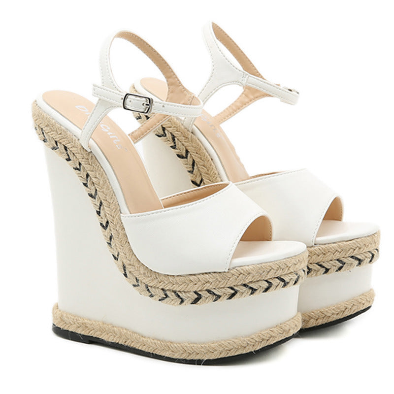 Fish-mouth Super High-heeled Wedge-heel Fairy-style Straw Woven One-word Female Sandals