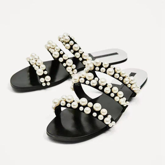 New Women's Shoes Casual Fashion Flat-heeled Flat Open-toe Sandals And Slippers With Pearl Decoration