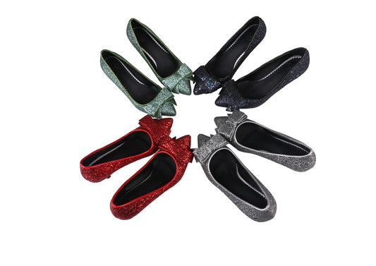 Shoes green red silver wedding shoes bow with single shoes pointed sequins extra large size shoes small code