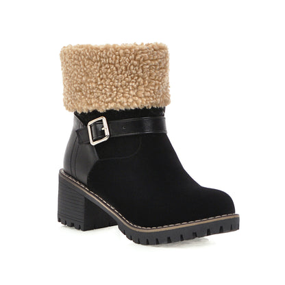 Women's Short Boots With Round Toe Thick Heel Belt Buckle