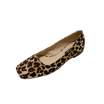 Korean Style Square Toe Zebra Pattern Thick Heel Flat Shoes Versatile Shallow Mouth