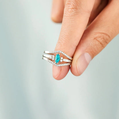 Bague en zircon incrusté en forme de V turquoise artificielle