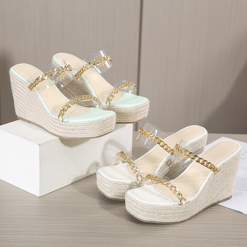 Square Toe Sandals, Wedge Heel, Transparent Film, Metal Chain Sandals