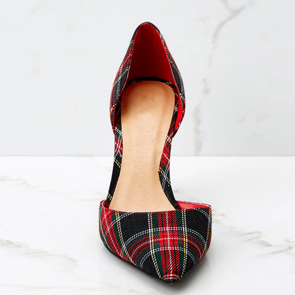 Fashion Thick High-heeled Plaid Pointed Hollow Sandals Women