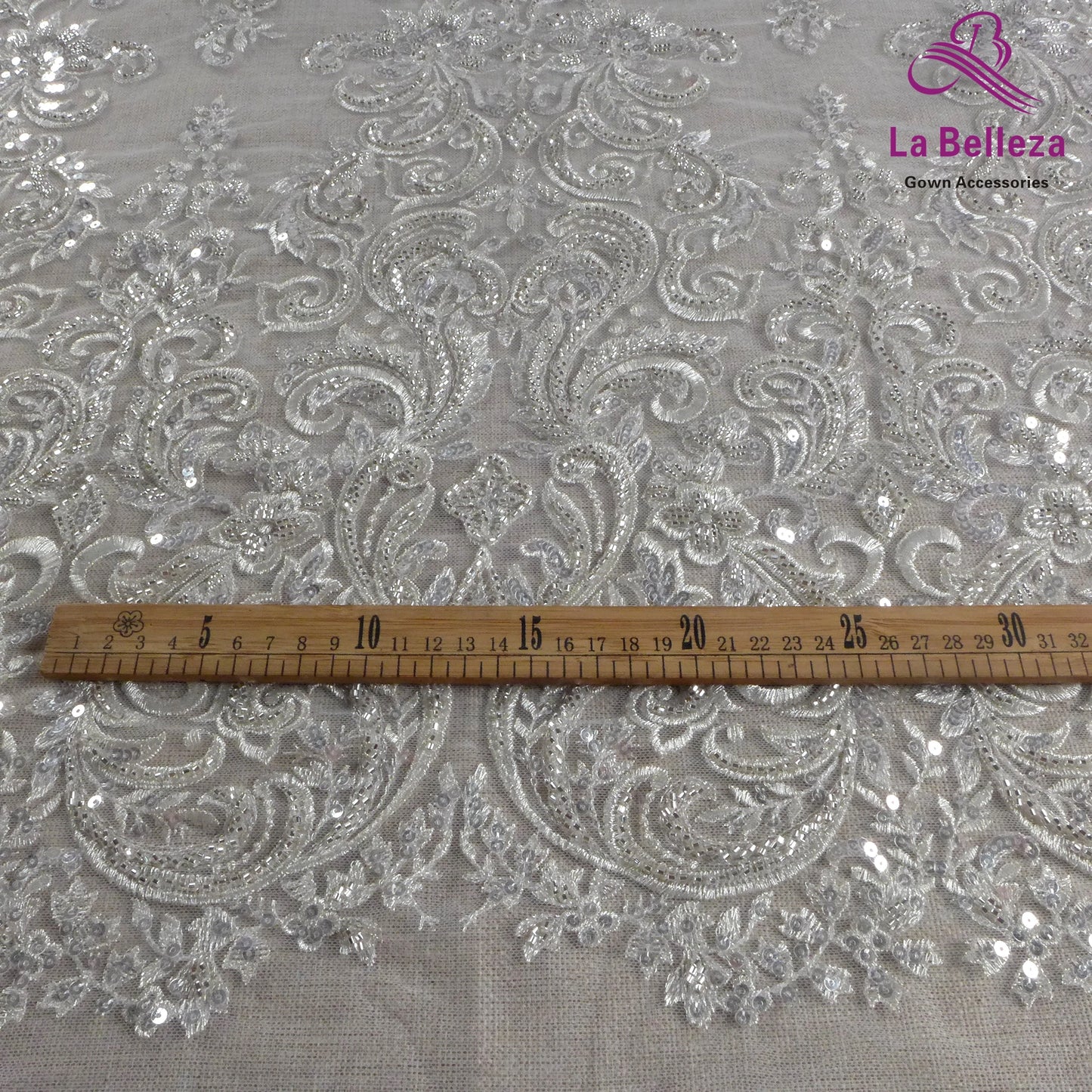 Dentelle de mariée tendance La Belleza 2021, tissu en dentelle à grands motifs, tissu en dentelle pour robe de mariée avec perles argentées, largeur 51'', 1 yard