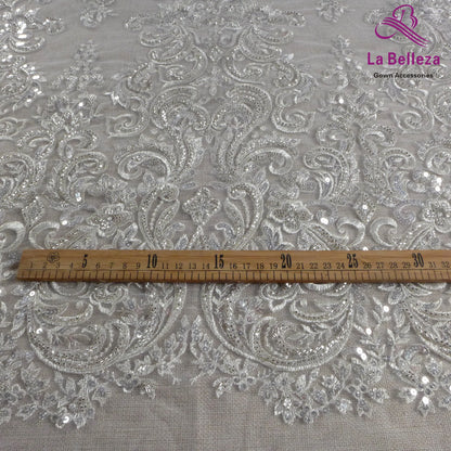 Dentelle de mariée tendance La Belleza 2021, tissu en dentelle à grands motifs, tissu en dentelle pour robe de mariée avec perles argentées, largeur 51'', 1 yard